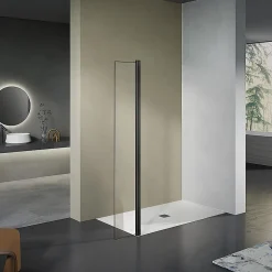 GRAND VERRE paroi de douche avec retour pivotant 70+30 cm hauteur 200 cm avec barre de fixation 90cm en noir mat