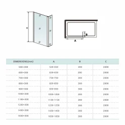 GRAND VERRE paroi de douche avec retour pivotant 70+30 cm hauteur 200 cm avec barre de fixation 90cm en noir mat