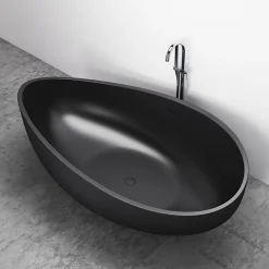 Grande Baignoire îlot moderne fonte minérale salle de bain avec bonde et trop plein - 180x110x62cm - WAVE - Noir mat