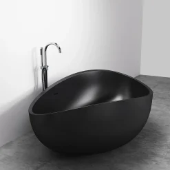 Grande Baignoire îlot moderne fonte minérale salle de bain avec bonde et trop plein - 180x110x62cm - WAVE - Noir mat