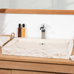 Grande vasque 70cm à poser rectangle en pierre marbre Cosy crème