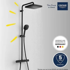 Grohe Vitalio Comfort 250 colonne de douche thermostatique + douche de tête + douchette à main 2 jets, noir mat (G266962431)