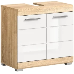 Hako - Armoire sous-lavabo (L/H/P : 60x56x34 cm) en imitation chêne Sonoma clair et blanc brillant embouti