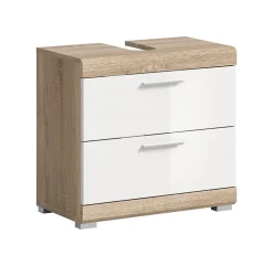 Hako - Meuble sous-lavabo (L/H/P : 60x56x34 cm) en imitation chêne Sonoma clair et blanc brillant embouti
