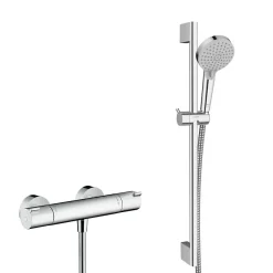 Hansgrohe Ecostat Set mitigeur thermostatique + Barre 65cm + Douchette 2 jets + Flexible, Chrome (13211000-Vernis)