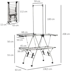HOMCOM Séchoir à linge étendoir à vêtements pliable réglable avec barre de penderie et roulettes acier inox. PP noir