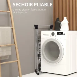 HOMCOM Séchoir à linge étendoir à vêtements pliable réglable avec barre de penderie et roulettes acier inox. PP noir