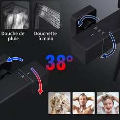 HOMELODY Colonne de Douche Thermostatique Noir, Ensemble de Douche Thermostat avec Douchette, Hauteur Réglable