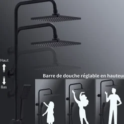 HOMELODY Colonne de Douche Thermostatique Noir, Ensemble de Douche Thermostat avec Douchette, Hauteur Réglable
