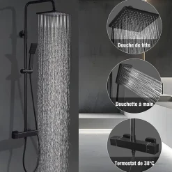 HOMELODY Colonne de Douche Thermostatique Noir, Ensemble de Douche Thermostat avec Douchette, Hauteur Réglable