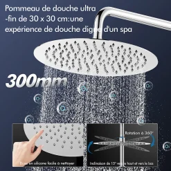HOMELODY Colonne de Douche Thermostatique avec Tablette 110 x 350 mm, Tête de Douche 12 pouces Ultra-Slim, Douchette & Sortie