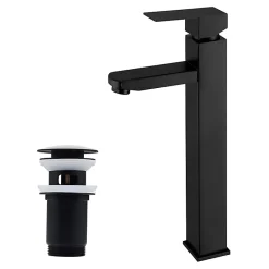 Homelody Robinet Lavabo Haut Noir + Vidage Pop-Up Automatique, Ensemble Robinetterie Moderne