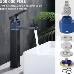 Homelody Robinet Lavabo Haut Noir + Vidage Pop-Up Automatique, Ensemble Robinetterie Moderne