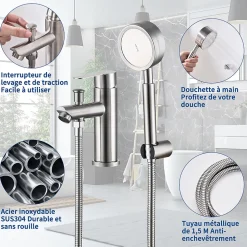 HOMELODY Robinet Salle de Bain Mitigeur de Douche avec Pommeau et Flexible Kit de Robinet Monotrou à Double Usage