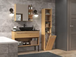 HORTI - Meuble salle de bain avec panier à linge - 31x30x174cm - Colonne rangement SDB