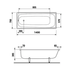 Jika (Groupe Roca) Riga Baignoire gain de place 150 L, 140 x 70 cm en acier émaillé, sans pieds, blanc (H2340400000001)