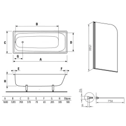 Jika (Groupe Roca) 160x70 cm Ensemble baignoire Riga universelle + Pare baignoire pivotant chrome + pieds (3406-SETP)