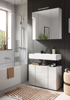 Kai - Armoire sous lavabo (L/H/P : 82x56x34 cm) en mélaminé blanc et blanc brillant profond