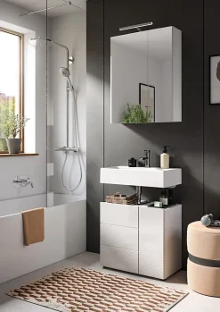 Kai - Meuble sous-lavabo (L/H/P : 60x56x34 cm) en mélamine blanche et blanc brillant profond