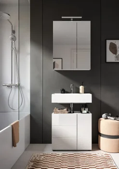 Kai - Meuble sous-lavabo (L/H/P : 60x56x34 cm) en mélamine blanche et blanc brillant profond