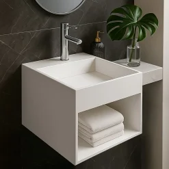 KARAE - Lave-mains carré suspendu - Design Elégant et Raffiné - Solide et Robuste - Entretien Facile - Blanc - 33 x 33 x 25 cm