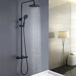 Kibath Colonne de douche thermostatique ronde 83-120 cm finition NOIR mat en laiton