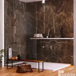 Kit de 2 Panneaux d'Habillage Décoratif Mural Douche, L120xl120x0.4 cm, finition marbre marron, Emperador KOBERTIN