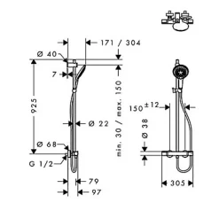 Kit de douche thermostatique avec douchette 3 jets + flexible + barre réglable, chrome, Hansgrohe My Select S 150