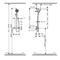 Kit de douche thermostatique avec douchette 3 jets + flexible + barre réglable, chrome, Hansgrohe My Select S 150