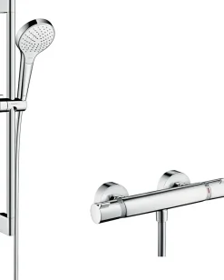 Kit de douche thermostatique avec douchette 3 jets + flexible + barre réglable, chrome, Hansgrohe Combi Croma S 150