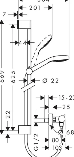 Kit de douche thermostatique avec douchette 3 jets + flexible + barre réglable, chrome, Hansgrohe Combi Croma S 150