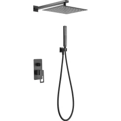 Kit douche encastree noir mat acier et laiton mitigeur 2 voies pomme 25x25 cm