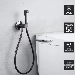 Kit Douchette anti-calcaire hygiénique encastrée WC ou Bidet Salle de Bain Black Gun Métal IMEX LINE RDD038/BGM