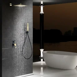 Kit encastre douche 2 voies acier et laiton noir et or avec pomme de 25x25 cm