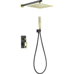 Kit encastre douche 2 voies acier et laiton noir et or avec pomme de 25x25 cm
