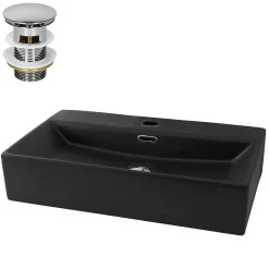 Lavabo céramique noir avec garniture de vidage lave-mains moderne 605x365x130 mm