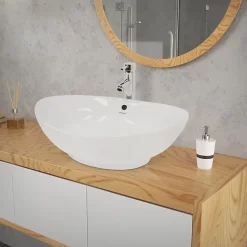 Lavabo en céramique blanc avec garniture de vidage lave-mains moderne 590x390 mm