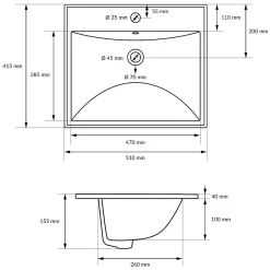 Lavabo en céramique blanc avec garniture de vidage et trop-plein 510x155x415 mm