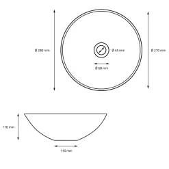 Lavabo en céramique ronde blanc sans trop-plein avec bonde de vidage 280x116 mm