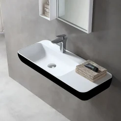 Lavabo mural / vasque à poser 90x40x12cm en fonte minérale - noir/blanc mat - TWG202