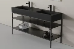 Lavabo mural en fonte minérale 153x45x15cm Quartz noir + Console métallique sur pieds 150S