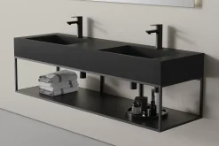 Lavabo mural en fonte minérale 153x45x15cm Quartz noir + Console métallique suspendue 150S
