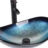 Lavabo Ovale en Verre avec Robinet, Vasque à Poser, Lave-Mains, Bleu Moderne, 53 x 35 x 16 cm