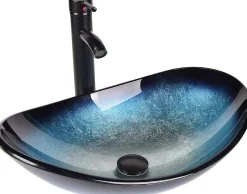 Lavabo Ovale en Verre avec Robinet, Vasque à Poser, Lave-Mains, Bleu Moderne, 53 x 35 x 16 cm