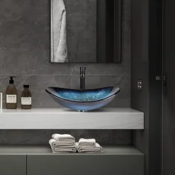 Lavabo Ovale en Verre avec Robinet, Vasque à Poser, Lave-Mains, Bleu Moderne, 53 x 35 x 16 cm