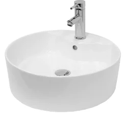 Lavabo Ronde en Céramique, 460x460x155 mm, Blanc, avec Garniture de Vidage