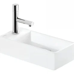 Lave-mains mural compact porcelaine SANINDUSA Note blanc cuve à droite 36x18 avec trou robinet (mitigeur et vidage non inclus)