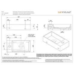 Lave-mains mural compact porcelaine SANINDUSA Note blanc cuve à droite 36x18 avec trou robinet (mitigeur et vidage non inclus)