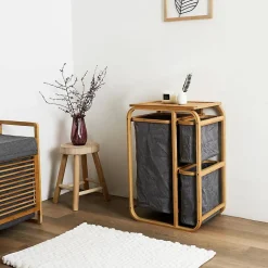 LAZEN - Rangement à 3 Panières en Bambou et Tissu Gris