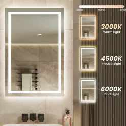 LED Miroir Lumineux Tricolore + Anti-buée 80x60cm Salle de Bain Dimmable,Tactile Miroir de salle de bains LED